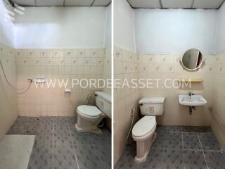 Two adjacent views of a bathroom with a toilet, sink, and tiled walls and floor.