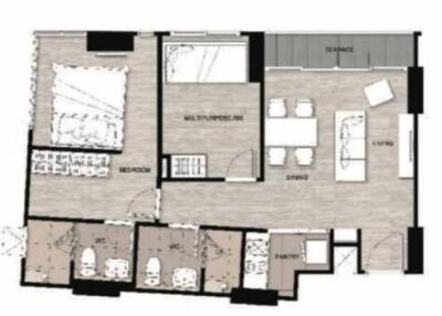 Apartment floor plan with multiple rooms including living, dining, kitchen, bedroom, and bathroom