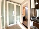 Modern bathroom with frosted glass doors and nearby sink