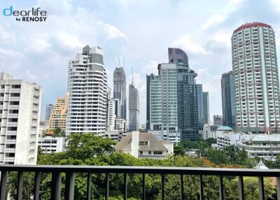 View of city skyline from balcony