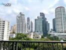 View of city skyline from balcony