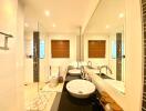 Modern bathroom with double sinks and large mirror