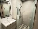 Modern bathroom with a walk-in shower and vanity