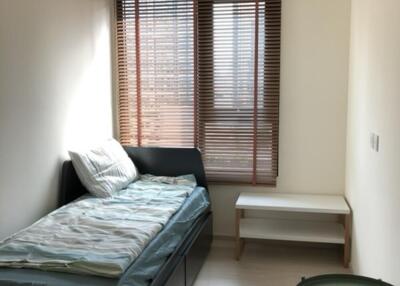 Small bedroom with single bed and large window