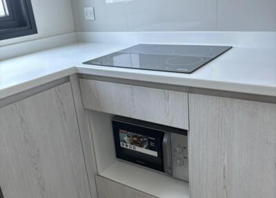 Modern kitchen with stove and cabinetry