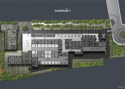 Floor plan of a property with surrounding amenities and green areas