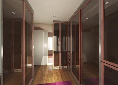 Hallway with mirrors and wooden flooring