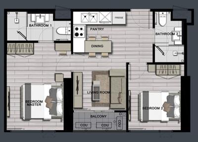 Floor plan of an apartment with two bedrooms, two bathrooms, a kitchen, living room, and balcony