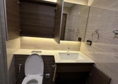 Modern bathroom with toilet, sink and cabinets