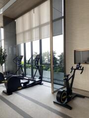 Modern home gym with machines and large windows