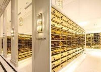 Luxurious wine cellar with gold racks and ambient lighting