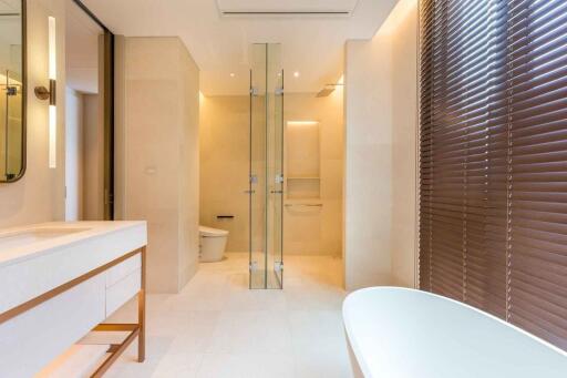 Modern bathroom with glass shower and freestanding bathtub