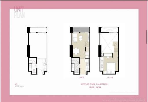 Floor plan showcasing interior work suggestion for 1 bedroom 1 bathroom unit