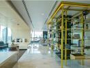 Modern living room with yellow shelving and city view