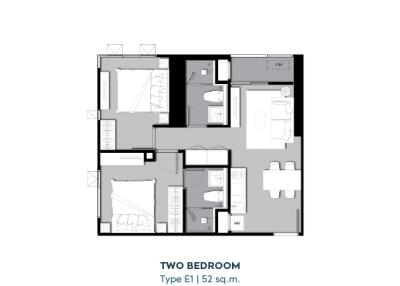 Floor plan of a two-bedroom apartment, Type E1, 52 sq.m.