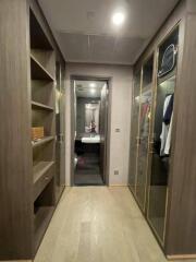 Walk-in closet with wooden shelves and glass-paned wardrobes