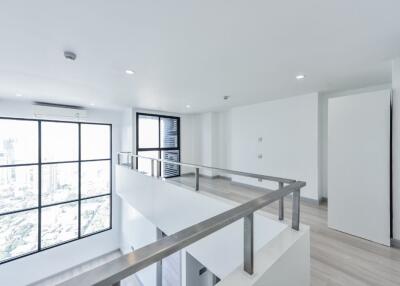 Modern loft area with large windows and railing