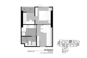 Floor plan of a one-bedroom apartment