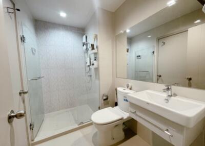 Modern bathroom with glass shower and large mirror