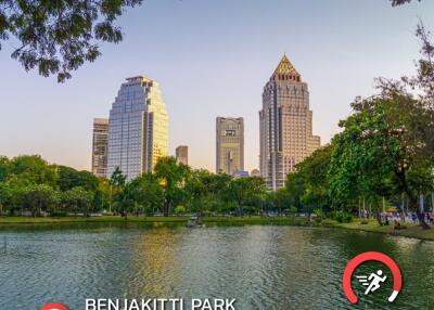 Outdoor view of Benjakitti Park and Lumphini Park with high-rise buildings in the background