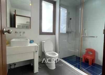 Modern bathroom with shower, sink, and toilet.