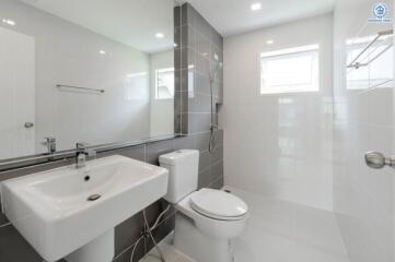 Modern bathroom with sink, toilet, and shower