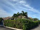 Exterior view of a property with lush greenery and a clear sky