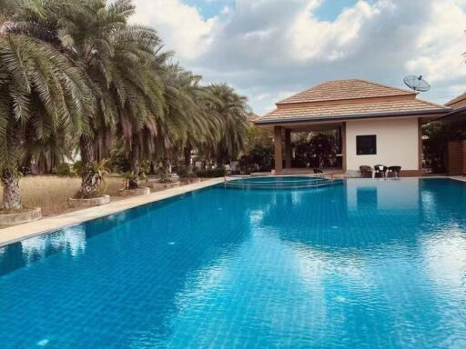 Outdoor pool area with palm trees and pool house