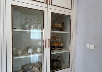 White cabinet with glass doors in kitchen