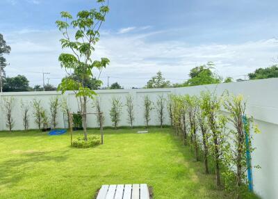 Spacious backyard garden with green lawn and trees