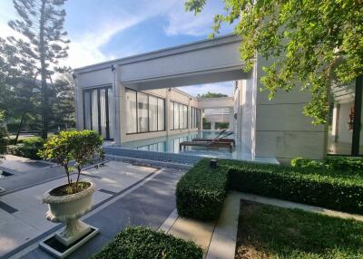 Outdoor view of a modern house with a pool