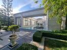 Outdoor view of a modern house with a pool