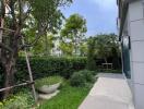 Green garden area with pathway in foreground and trees