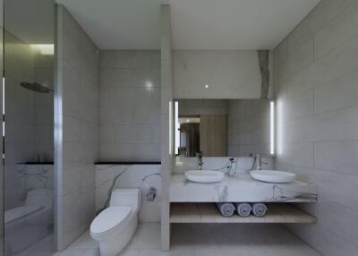 Modern bathroom with double sink vanity and glass shower