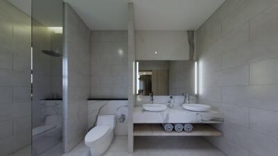 Modern bathroom with double sink vanity and glass shower