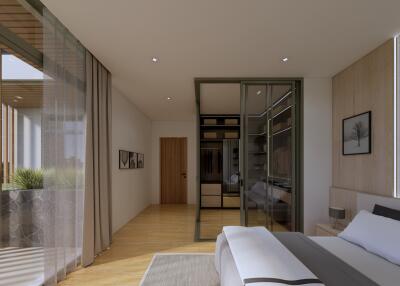 Modern bedroom with glass closet and large window