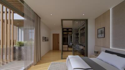 Modern bedroom with glass closet and large window