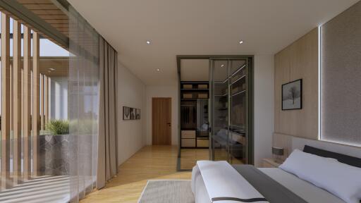 Modern bedroom with glass closet and large window