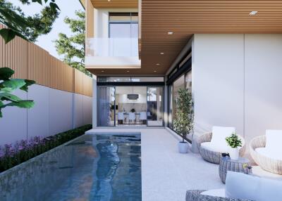 Modern backyard with pool and outdoor seating area