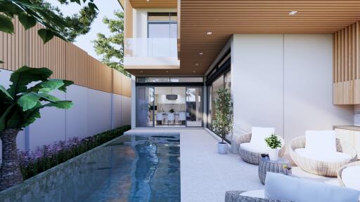 Modern backyard with pool and outdoor seating area