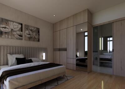 Modern bedroom with wooden flooring, large wardrobe, and cozy bed