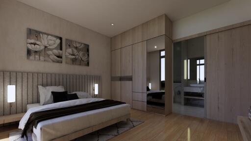 Modern bedroom with wooden flooring, large wardrobe, and cozy bed