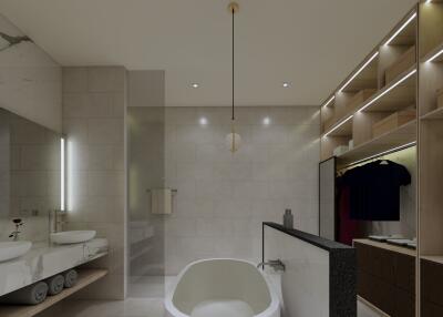 Modern minimalist bathroom with open shelving and bathtub