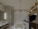 Modern minimalist bathroom with open shelving and bathtub