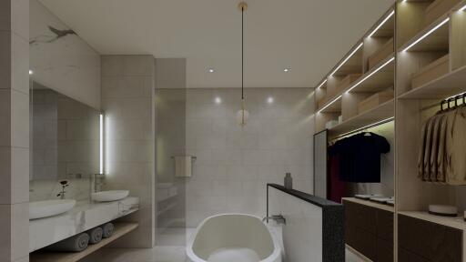 Modern minimalist bathroom with open shelving and bathtub