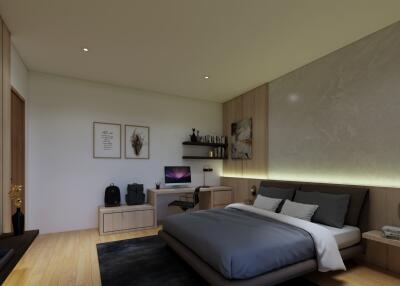 Modern bedroom with desk and TV