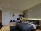 Modern bedroom with desk and TV