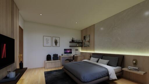 Modern bedroom with desk and TV