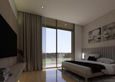 Modern bedroom with large window and balcony