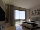 Modern bedroom with large window and balcony